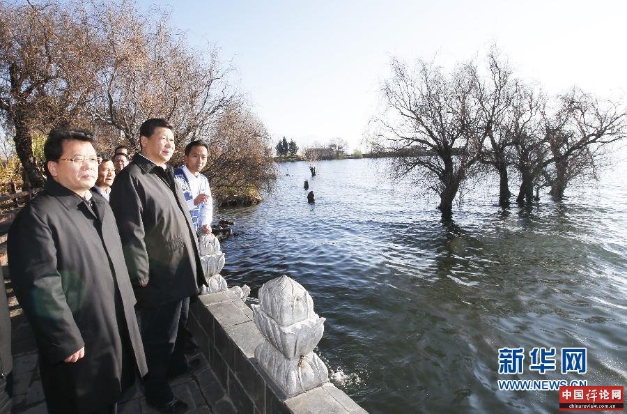 这是1月20日，习近平来到大理白族自治州大理市湾桥镇古生村，仔细察看洱海边的生态保护湿地。 新华社记者 鞠鹏 摄 